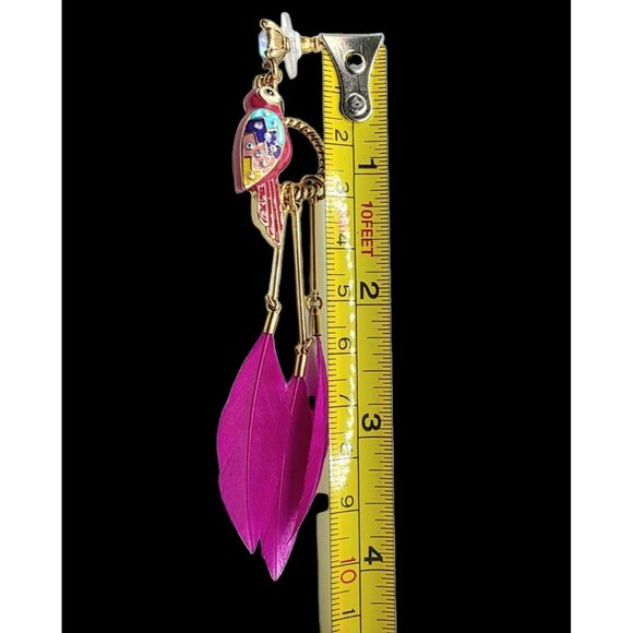 Parrot Statement Earrings Hot Pink Feathers Bird Gold-Tone Dangle Betsey Johnson - Picture 8 of 8